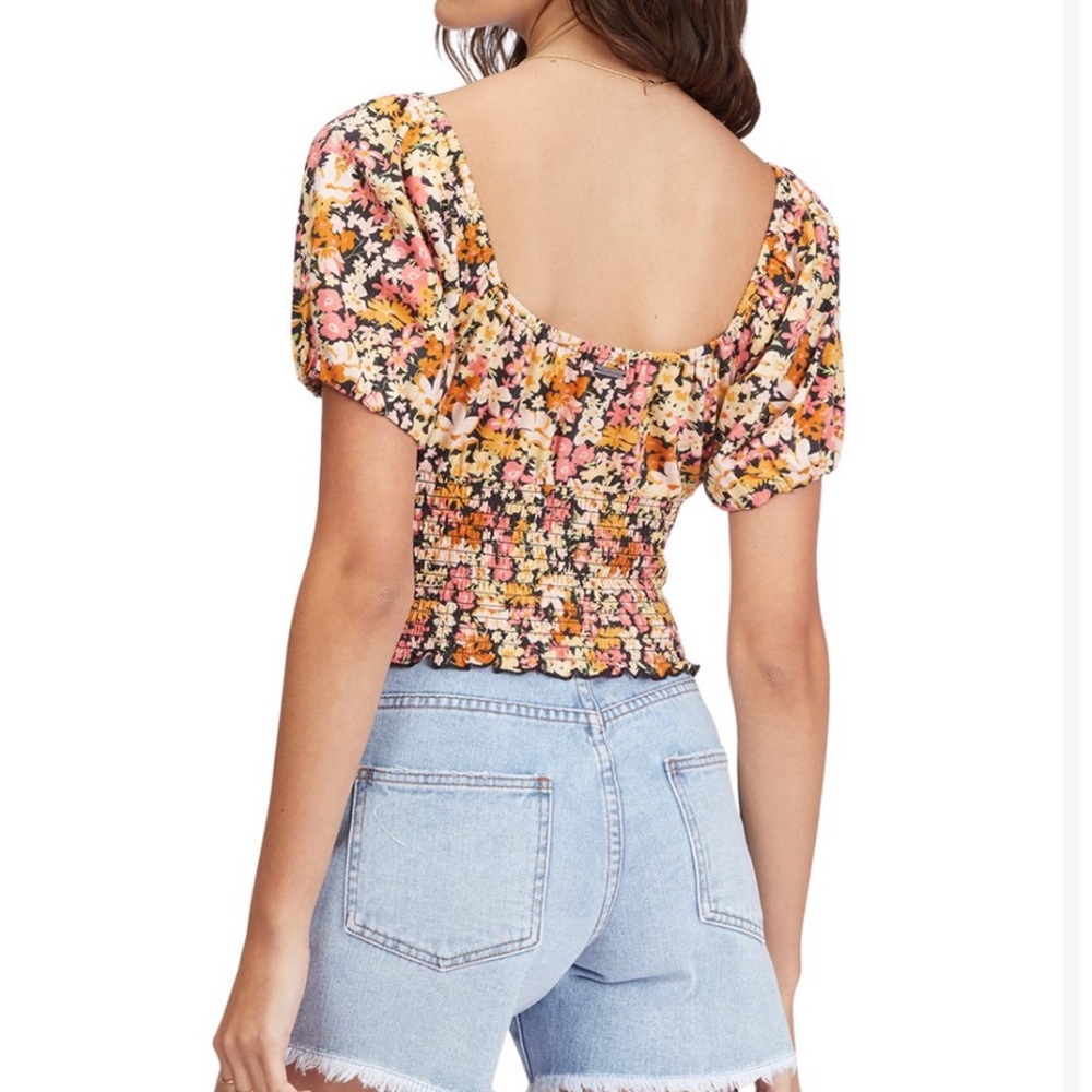 NBW- Black & pink floral puff-sleeve top